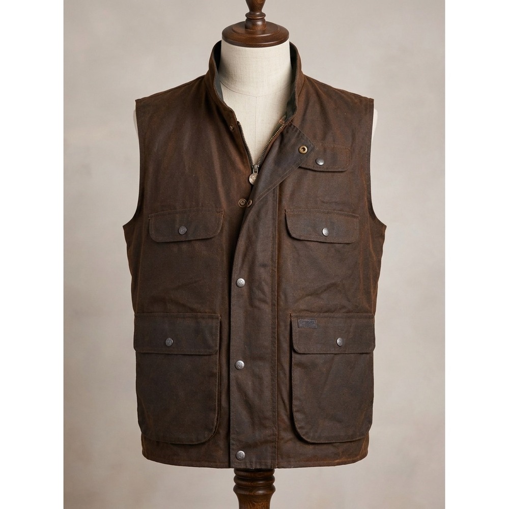Outback Trading Co Mens XL Brown Oilskin Waterproof Plaid Outdoors Vest